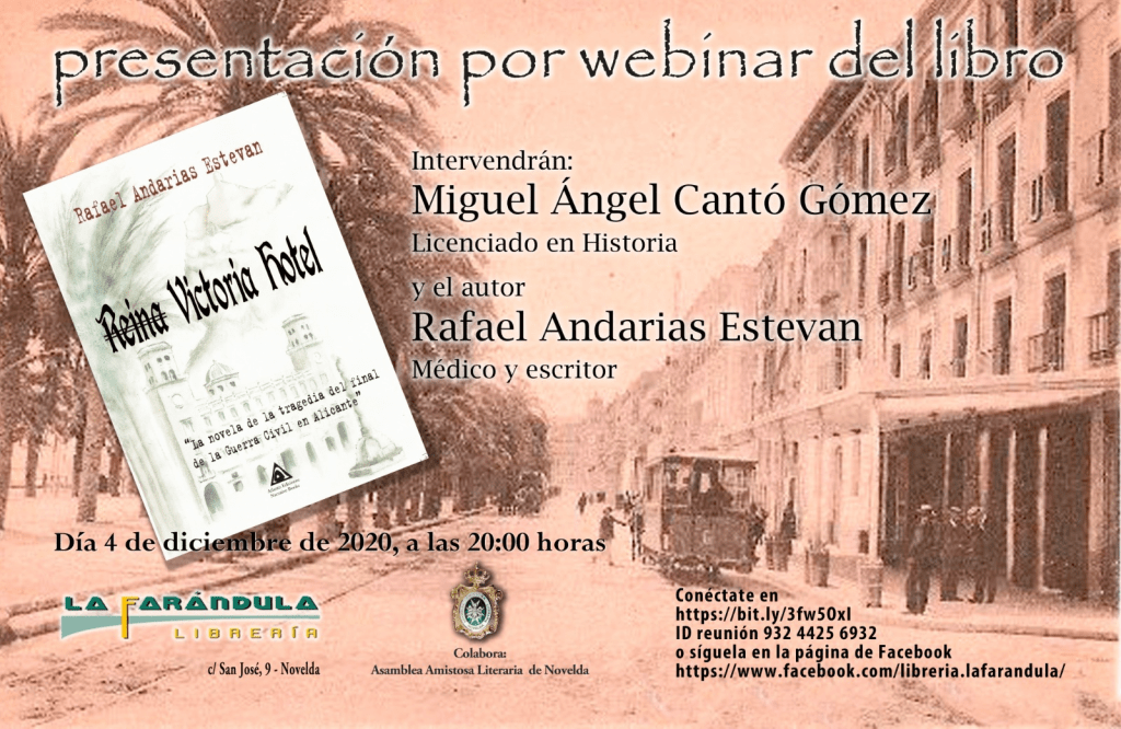 Nuestro compañero Miguel Ángel Cantó presentará la novela de Rafael Andarias, Reina Victoria Hotel